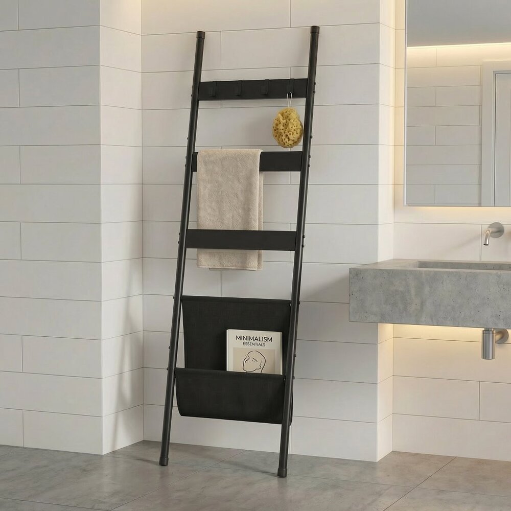 Wall-Leaning Blanket Ladder With Storage Basket 63"x17.25"x1" | Black - Picture 4 of 5